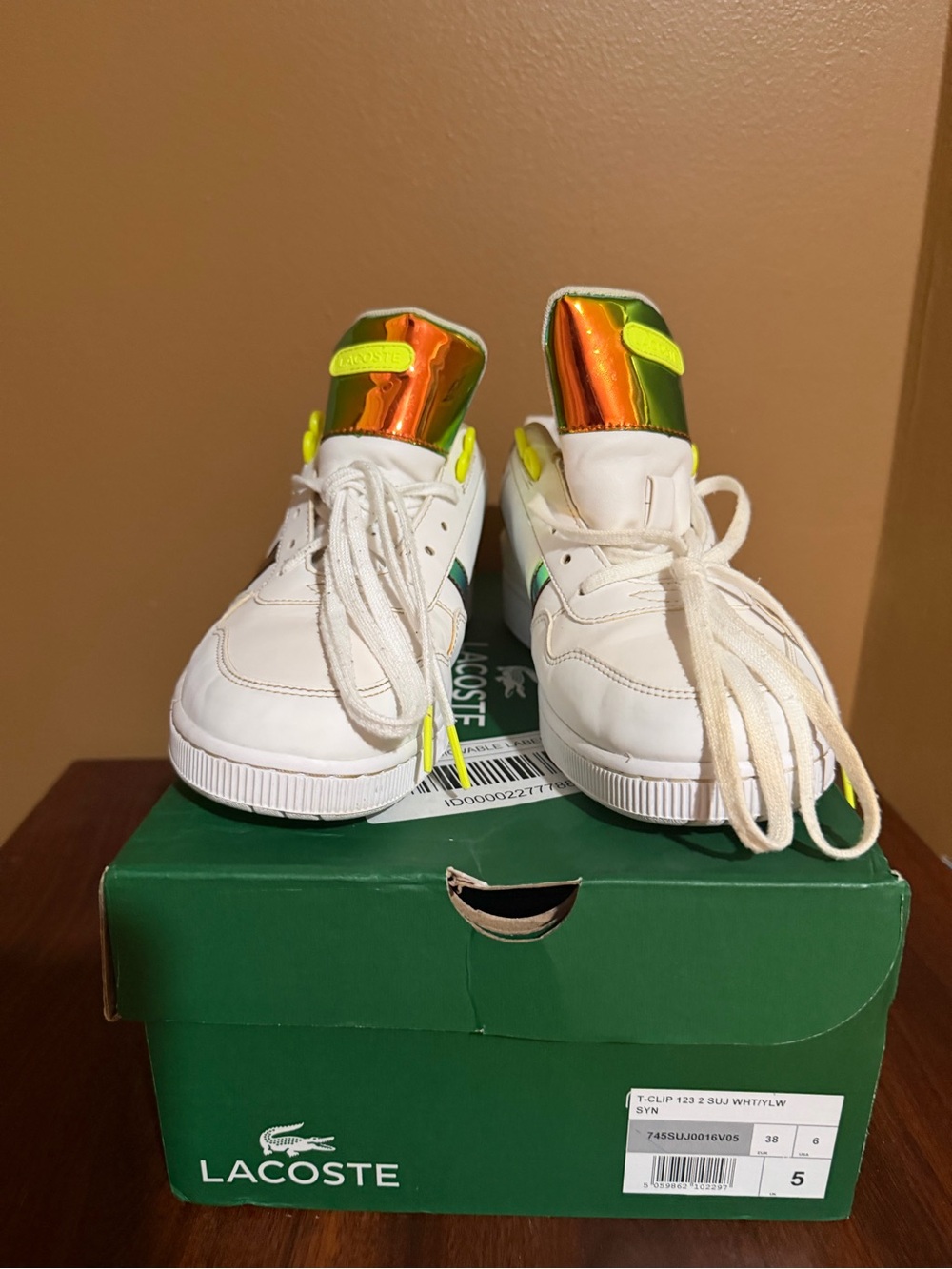 Lacoste White T- clip Kids Sneakers with Neon Orange and Lime Accents 5 junior.